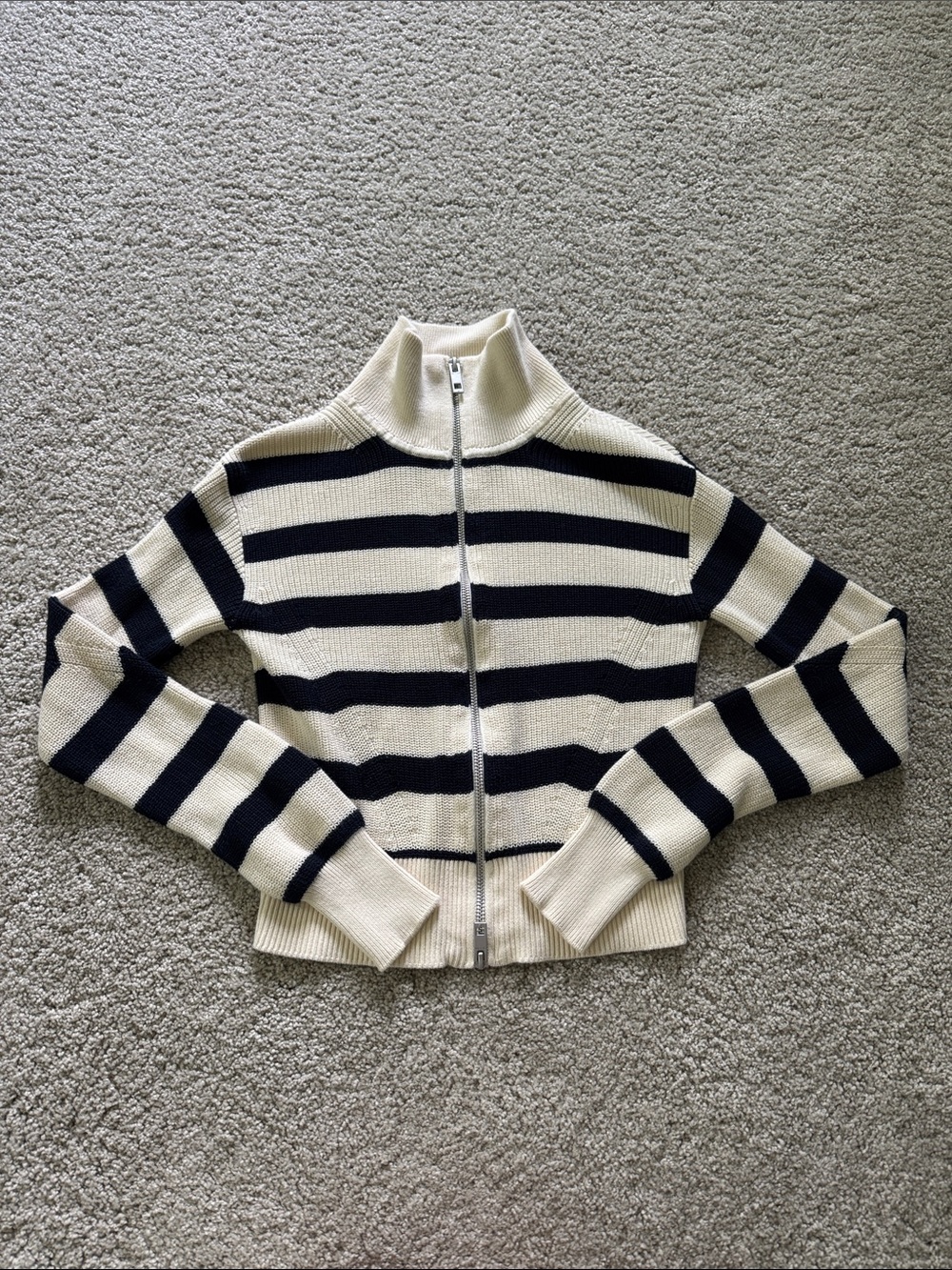 Rag & Bone Cream Navy Blue Striped Cotton Zip Up Sweater XXS